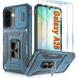 For Samsung Galaxy A26 Case with [2 Pack] HD Screen Protector & Slide Camera Cover, Rotation Ring Kickstand [Military Grade] Shockproof Protective Case for Galaxy A26 5G- Light Blue