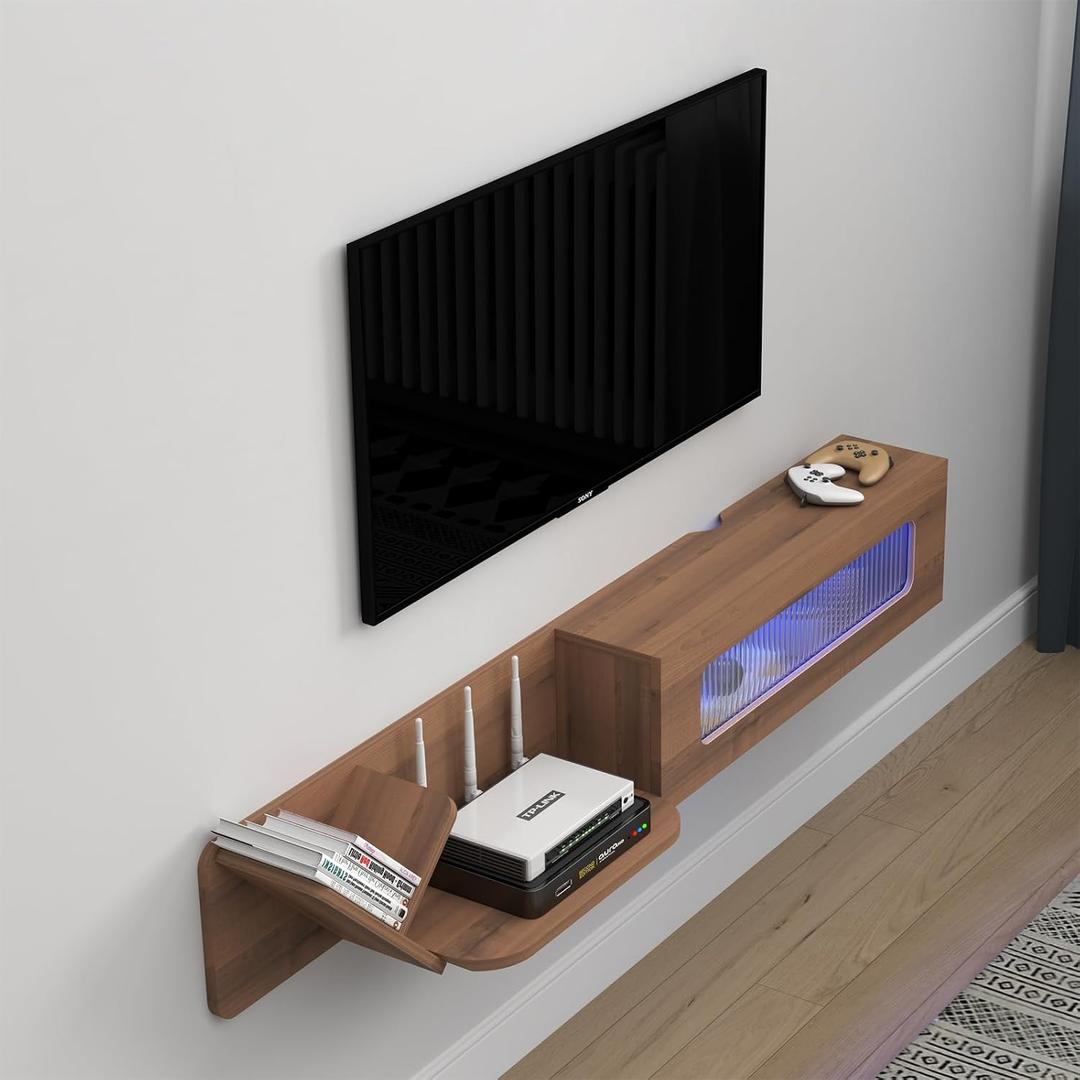 Pmnianhua Rustic Floaing TV Stand with LED Lights,66'' Wall Mounted Media Console,Floating Entertainment Center,Floating Shelf with Glass Door and Storage for Under TV Projector(White)