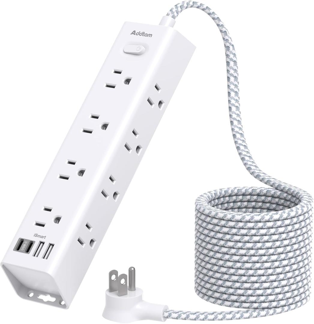 Surge Protector Power Strip - 10 FT Extension Cord, Power Strip with 12 Widely AC Outlet 4 USB, Flat Plug Wall Mount Overload Protection, 1050J, Desk Charging Station for Home Office, ETL Listed,White