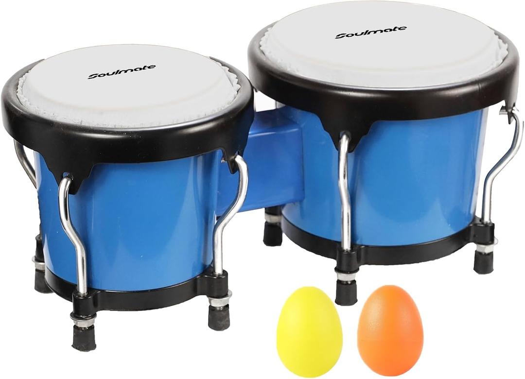 Soulmate Bongo Drum 4'' and 5'' Set for Adults Beginners, Tunable Natural Skin Bongos Percussion Instruments With Tuning Wrench (Blue)