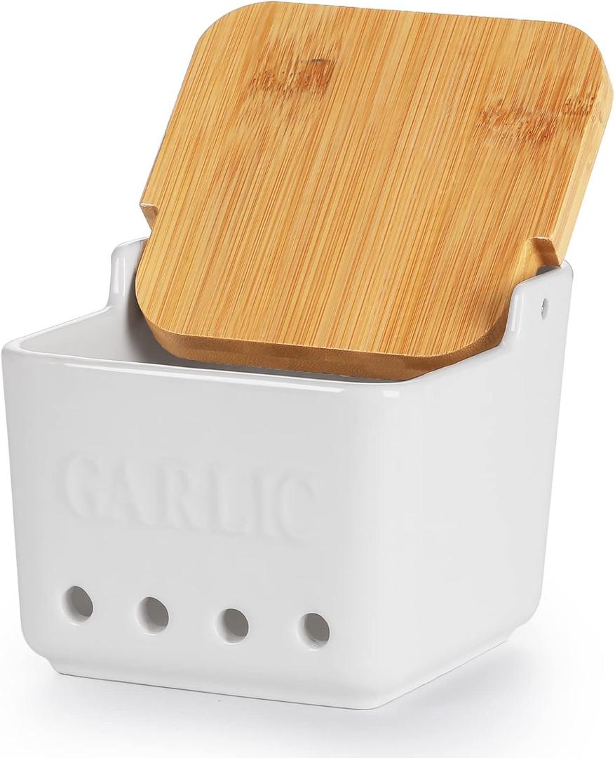 ONTUBE Garlic Keeper with Lid, Ceramic Garlic Holder Storage, Garlic Container for Kitchen, Garlic Saver to Keep Your Garlic Cloves Fresh Longer 4.7-Inch (White)
