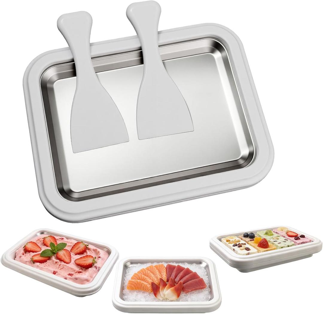 Rolled Ice Cream Maker, Stainless Steel Manual Ice Cream Roll Maker Plate with 2 Scrapers, DIY Homemade Frozen Dessert Tray, No Electricity Required, for Home Use (White, Large)
