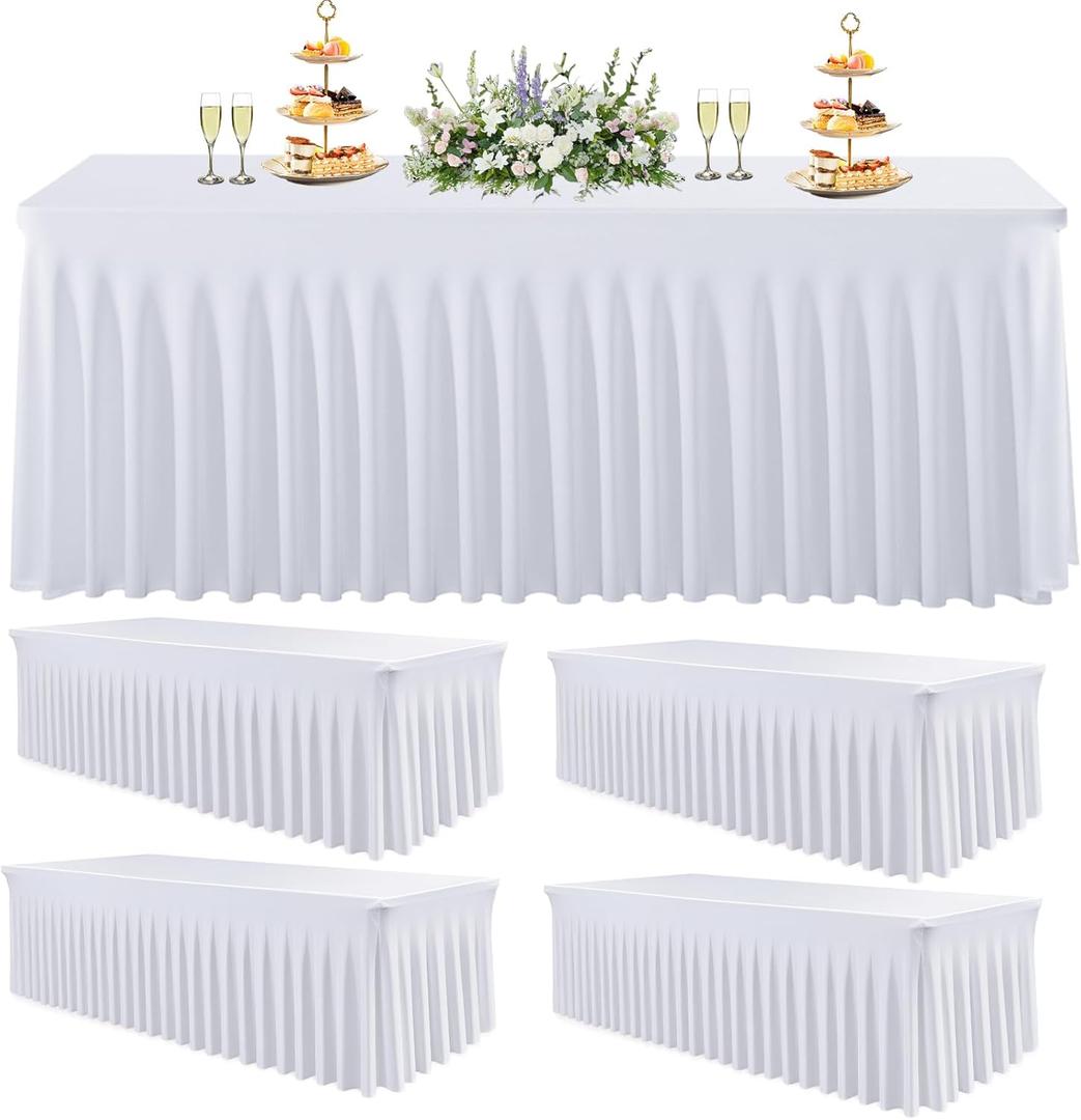 5 Pack White Spandex Table Cloths for 6 Foot Rectangle Tables, Wrinkle Free Fitted Table Covers 6 Ft Stretch Polyester Tablecloths with Skirt for Party Banquet Wedding Birthday Christmas