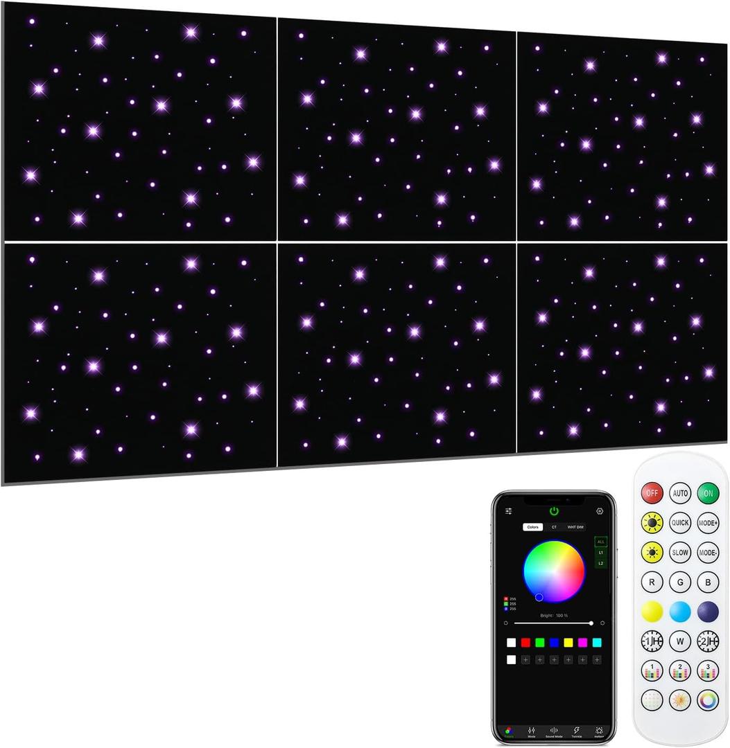 6 Pack Acoustic Panels, Self-Adhesive Soundproof Wall Panel with Fiber Optic Starlight Flashes, Wall and Celling Decoration for Studio Office Home- Fire & Noise Proof(APP Control, 72"  48")
