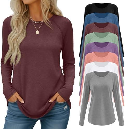 Velvelhall 8 Pack Women's Long Sleeve Shirts, Raglan Crew Neck Tops Tunic Loose Fit Casual Basic Tee Shirt, XL