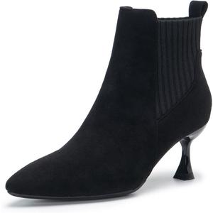 youngshow Women's Pointed Toe Kitten Heel Booties - Suede Knit Sock Ankle Boots, Low Heel Dressy Shoes (Size 8, Black)