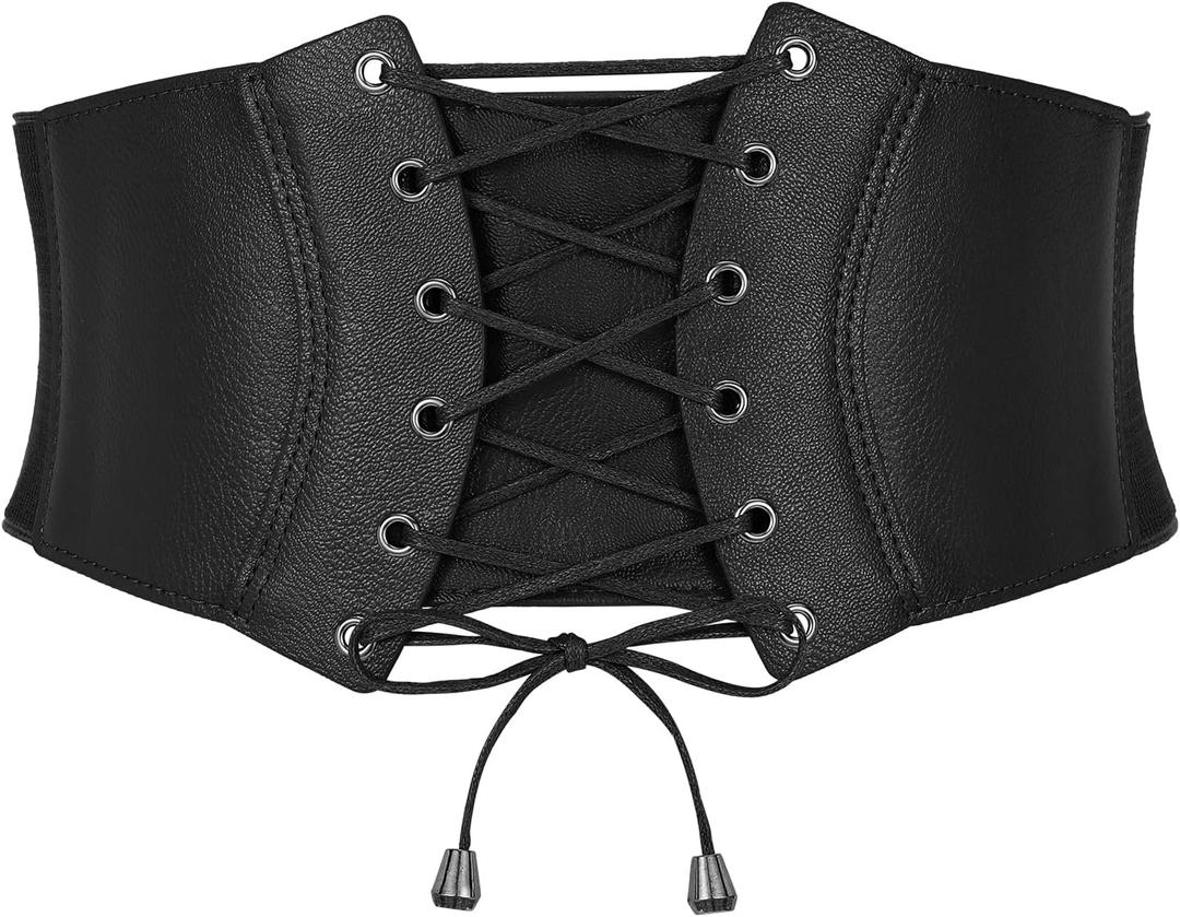 SANSTHS Corset Belt for Women, Vintage Lace-up Waspie Elastic Cincher Waist Dresses Belt for Halloween Costume Parties (Black)