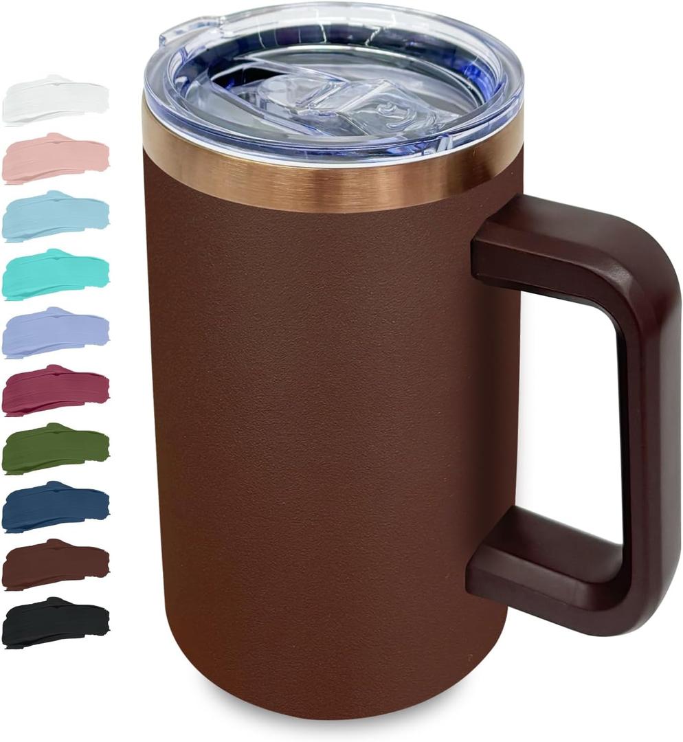 20 oz Insulated Coffee Mug with Lid, Stainless Steel Coffee Tumbler Bulk, Double Wall Vacuum Travel Mug with Handle, Leakproof Powder Coated Coffee Cups for Hot and Cold Drinks (Brown,1 pack)