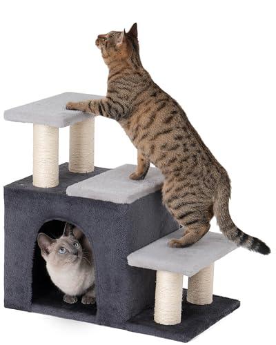 Aechonow 3-in-1 Pet Stairs for Cats, Dog Steps for Small Doggie Rabbits, 6.29''Depth Cat Stairs, Indoor Cat Ladders for High Bed for Pet's Joints, 1 Cat Condo Cave, Sisal Scratcher, Grey, Medium