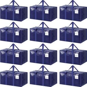12 Pack Extra Heavy Duty Large Moving Bags with Strong Zipper & Comfortable Handles, Sturdy & Durable Clothes Storage Bags Totes Bins, Packing Moving Boxes for College Supplies, Dark Blue