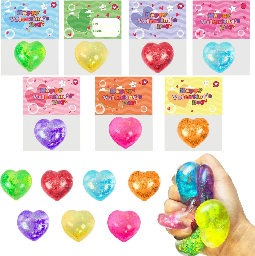 28 Pack Heart-Shaped Stress Balls with Valentine's Day Cards for Kids Party Favors Valentine's School Classroom Exchange Gifts