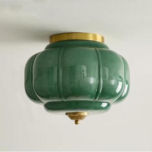 MIXL-Green Milk Glass Ceiling Light,Pumpkin Shape Milk Glass Light Fixture,Vintage Style Ceiling Lamp for Living Room Bedroom, 15 inches