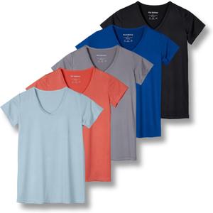 Real Essentials 5 Pack: Women's Short Sleeve V-Neck Activewear T-Shirt Dry-Fit Wicking Yoga Top, (Large, Set 10)