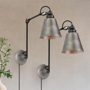 LOG BARN Wall Sconce Set of 2, Modern Plug-in or Hardwired Swing Arm Wall Sconces Adjustable Black Brushed Silver Sconce Wall Lighting for Living Room, Bedroom, Hallway, Kitchen, On/Off Switch