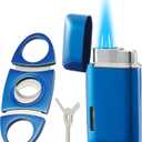 Cutter and Lighter Set, Double Jet Flame Butane Torch Lighter with Adjustment Tools, Refillable Windproof Gas Lighter, Blue.(Sold Without Gas)