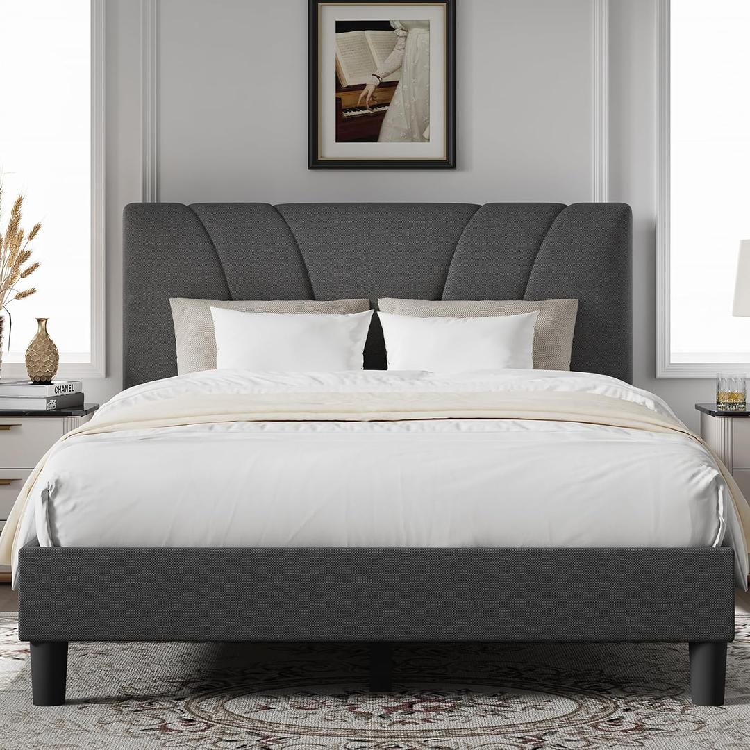 Novilla King Bed Frame and Headboard, Linen Upholstered King Size Bed Frame with Wood Slats Support, No Box Spring Needed, Heavy Duty Feet, Easy Assembly, Grey