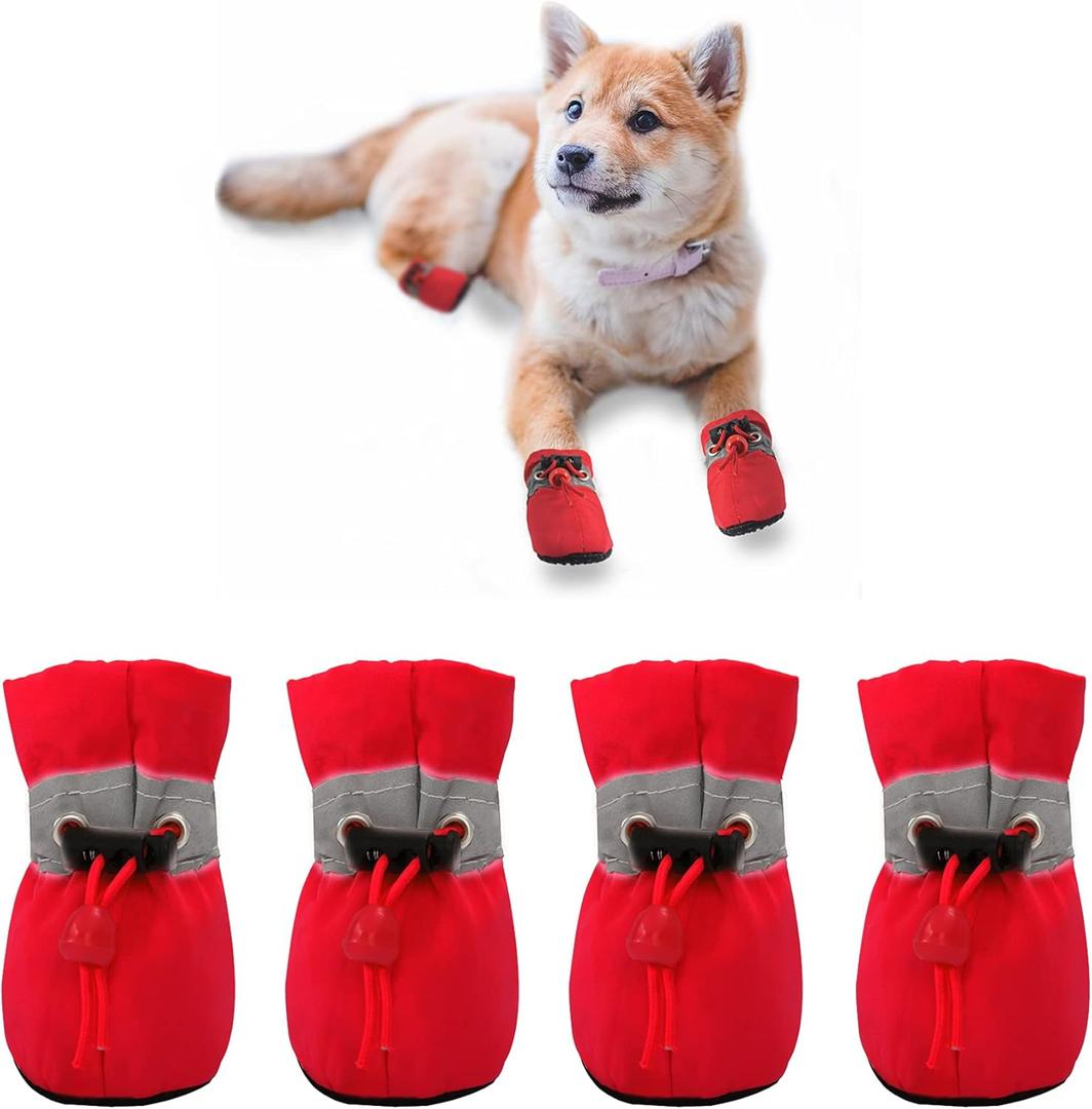 YAODHAOD Dog Shoes for Small Dogs, Puppy Dog Boots & Paw Protector for Winter Snowy Days, Anti-Slip Sole Dog Booties for Indoor Hardwood Floor 4PCS (Red,Size: 4)