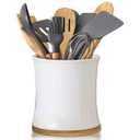 Comfify Large Ceramic Kitchen Utensil Holder with Bamboo Base - Modern Utensil Crock for Countertop Organization - Kitchen Counter Organizer for Cooking Tools, Spatulas, Spoons & More - White Ceramic