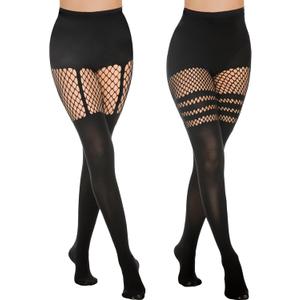 MANZI Faux Thigh High Tights Mock Suspender Pantyhose Striped Goth Fishnets Pack of 2 (One Size)