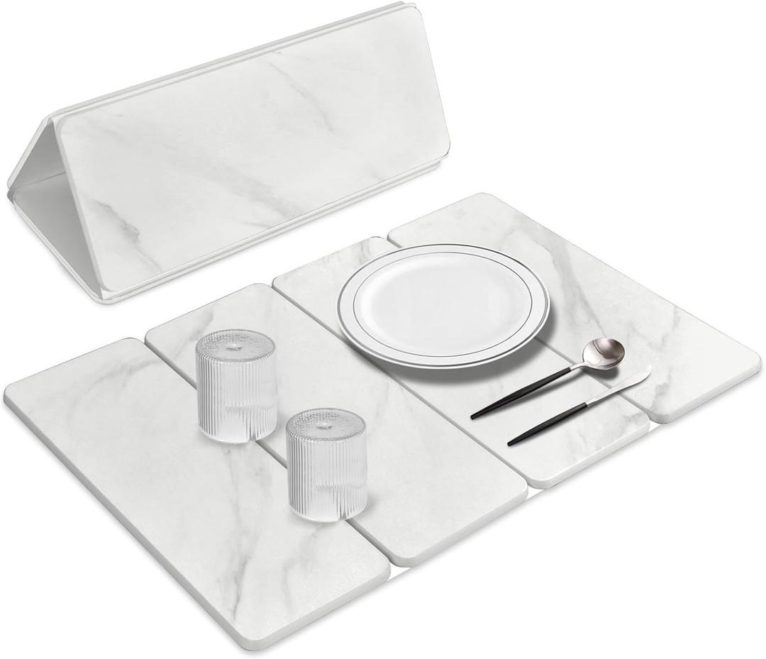 Large Stone Dish Drying Mats for Kitchen Counter, 24"(L)16"(W) Collapsible Quick Dry Dish Drying Mat, Eco-Friendly Absorbent Diatomaceous Earth Mat for Dishes Bottles CupMarble pattern