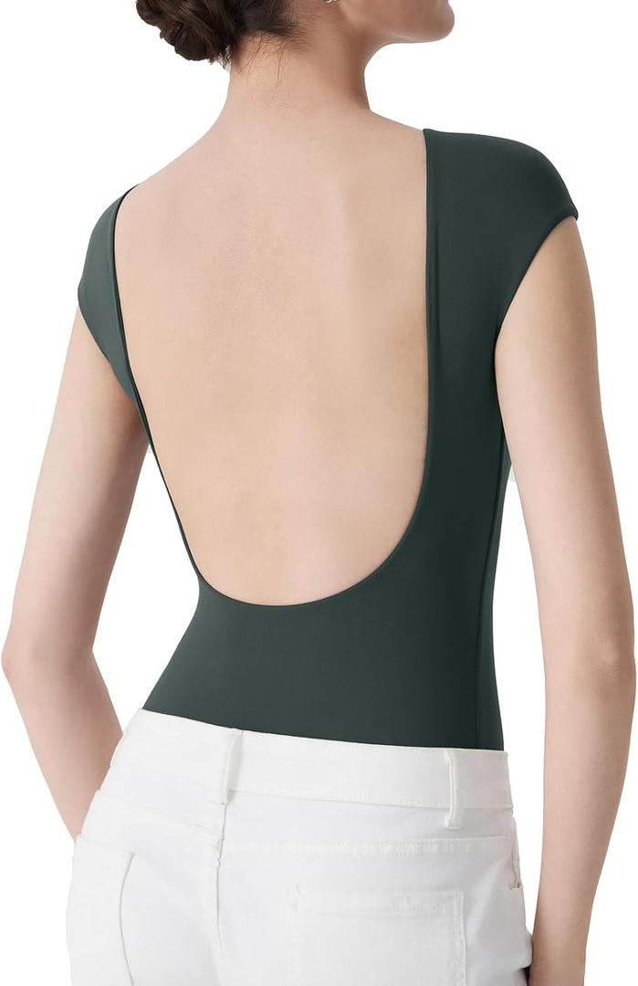 SUUKSESS Women Backless Y2k Short Sleeve Bodysuit Double Lined Open Back Sexy Basic Top, XL