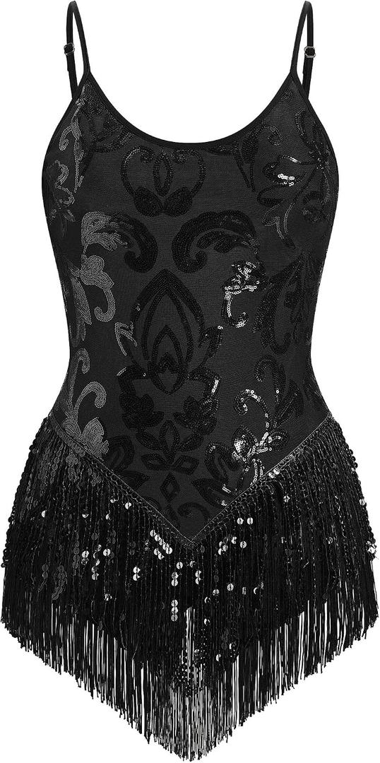 Sequin Fringe Bodysuit for Women Sparkly Tassel Romper Latin Jazz Dance Leotard Trapeze Acrobat Costume Rave Outfits, 18