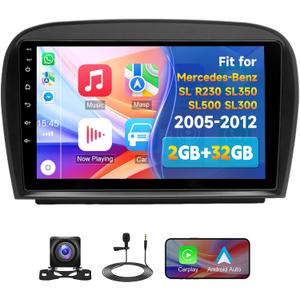 Slakerbe Android 13 Double Din Car Stereo Compatible with Mercedes-Benz SL R230 SL350 SL500 SL300 2005-2012,9inch Touch Screen 4G+64G Wireless CarPlay Radio with Android Auto Support GPS Navigation