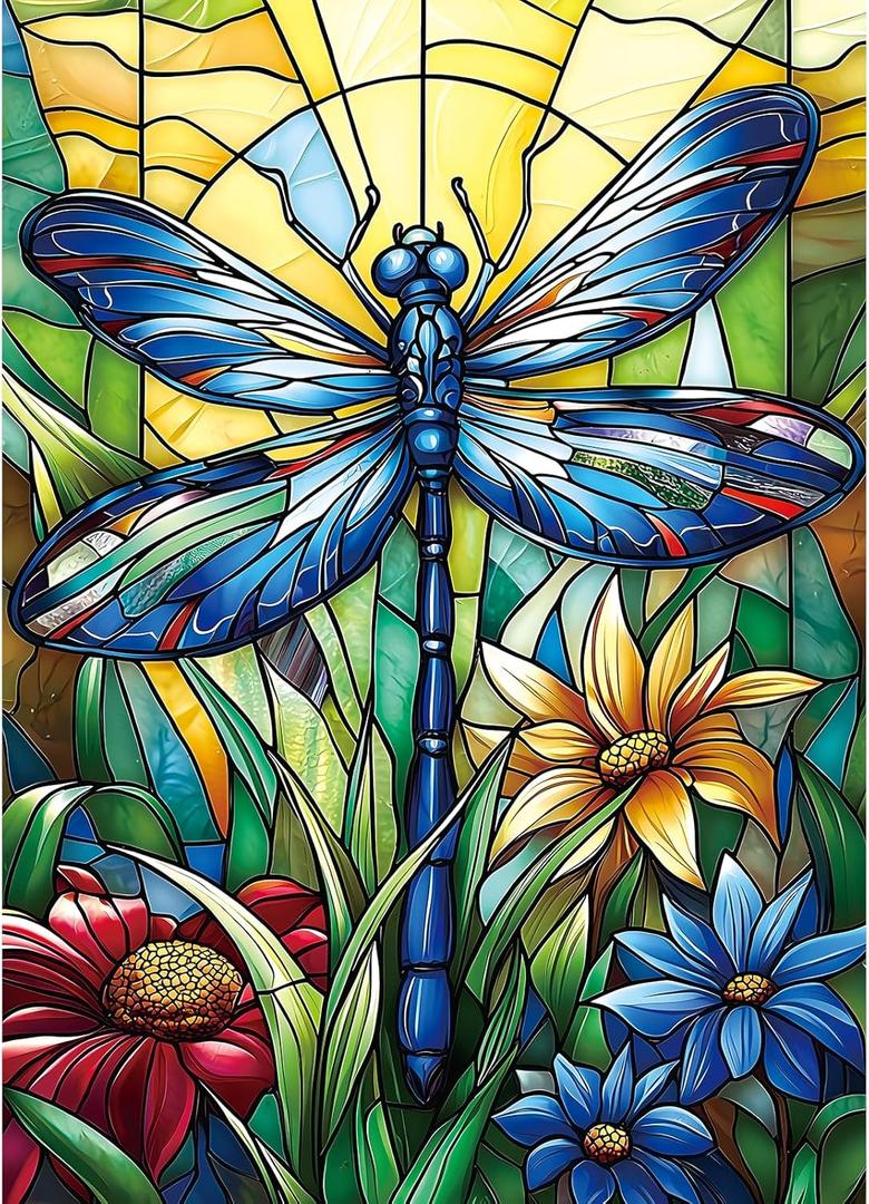 MINIWAN 1000 Piece Jigsaw Puzzles for Adults & Seniors - Stained Glass Dragonfly Flower Puzzle, 27.5"x19.7" Adult Puzzle with Letters on Back & Reference Poster