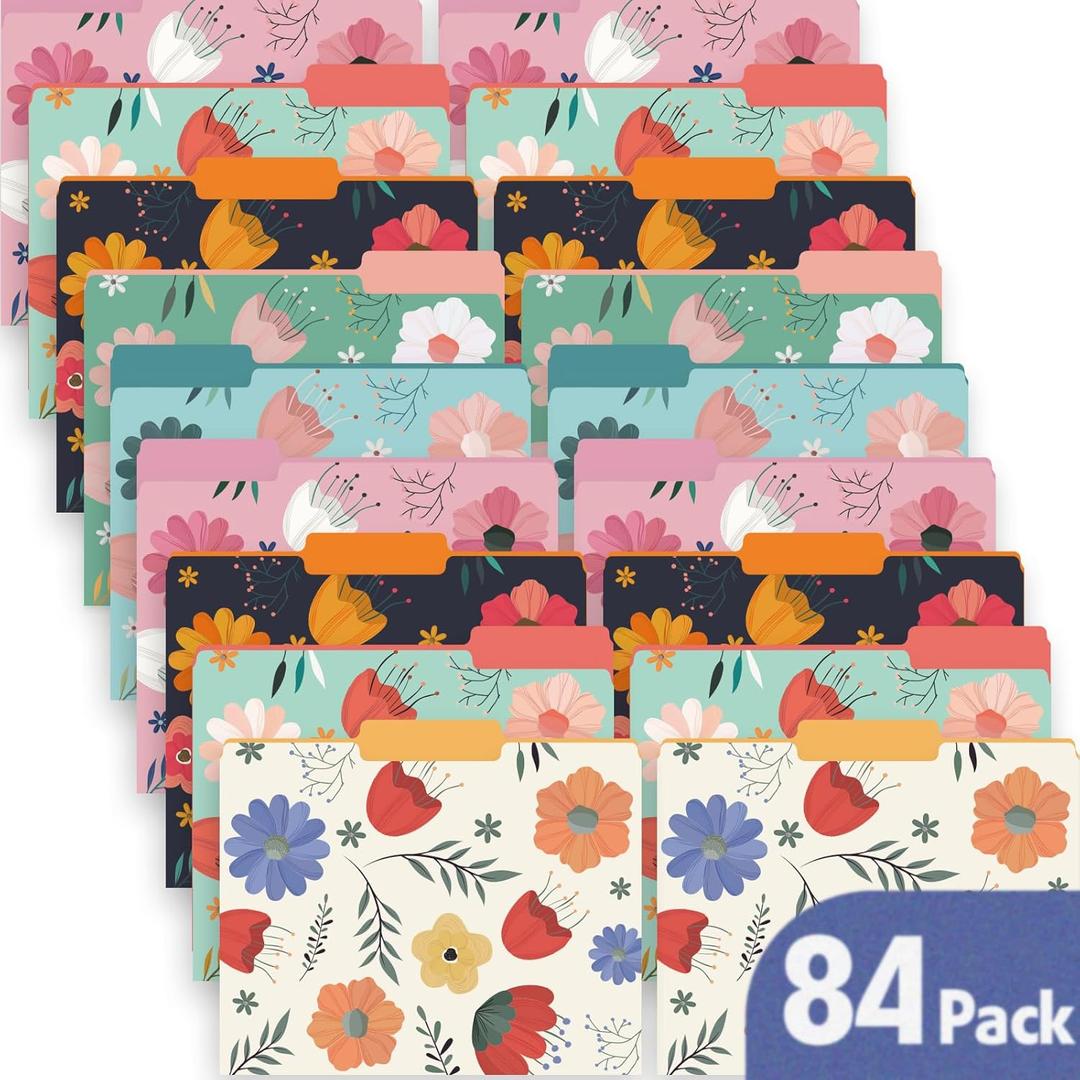 84 Pack Decorative File Folders, 1/3 Cut Tab Floral Colored Folders Letter Size 8.8 x 11.6 Inch, Assorted 6 Styles Filing Folder for Office School Business