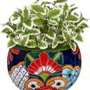 Evergreen Garden Talavera Mexican Pottery Ceramic Green Detailed Baul | Flower Pot Plant Succulent | Indoor Outdoor (9 inch)