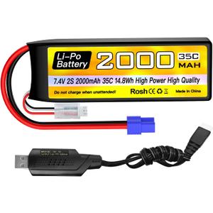 Sea Jump 2S Lipo Battery 7.4V 2000mAh 35C with EC2 Plug and USB Charging Cable Suitable for RC Car, Truck, RC Boat, Quadcopter Aircraft, FPV Drone Battery