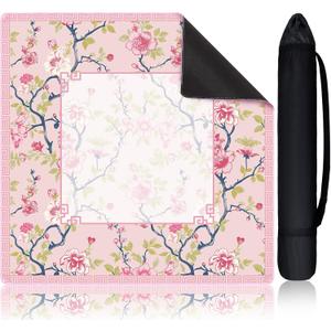 Chinoiserie Mahjong Mat with 1 Carrying Bag 31.5" x 31.5" Pink and White Rubber Anti Slip and Noise Reduction Multi Purpose Game Table Cover for Mahjong, Card, Board Tile Games