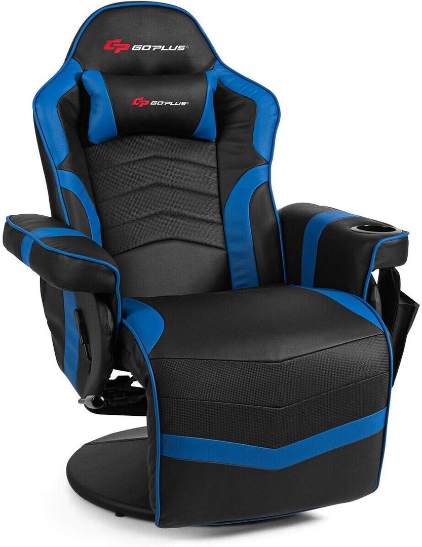 Massage Gaming Recliner Blue Height Adjustable Racing Swivel Chair with Cup Holder