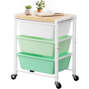 Rolling Cart with 3 Drawers, Plastic Drawer Storage Carts with Lockable Wheels & Wooden Tabletop, Metal Utility Cart Organizer, Office Bedroom Classroom Craft Organization and Storage, Bright Green