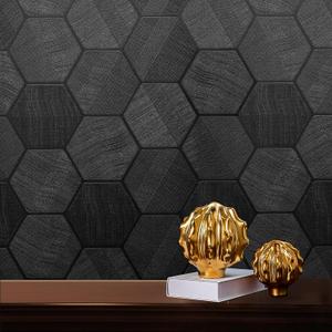 Self Adhesive Black Peel and Stick Wallpaper 15.7" X 197" 3D Hexagon Geometric Embossed Contact Paper Removable Easy Peel Off Wallpaper Textured Wall Paper for Cabinet Bedroom