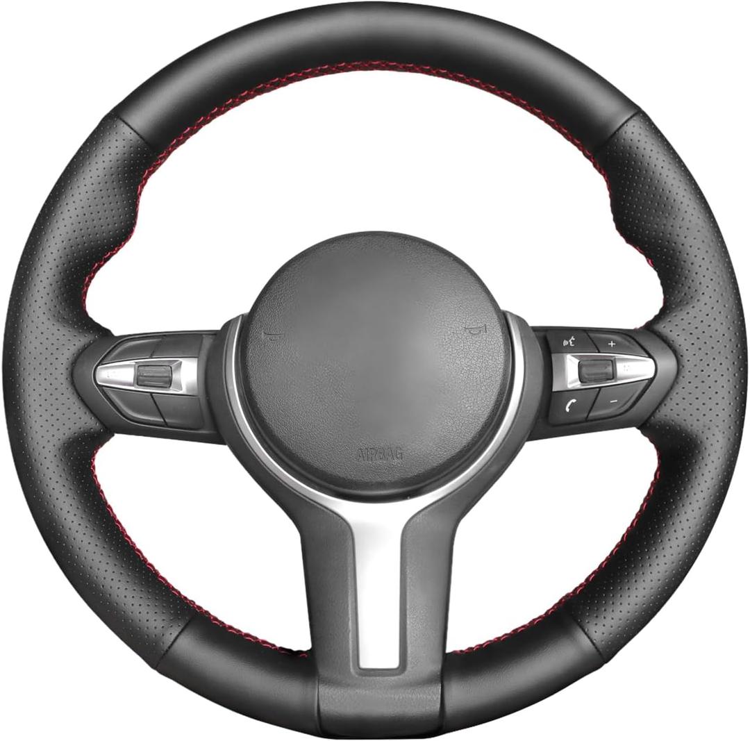 MEWANT Steering Wheel Cover for BMW F87 M2 F80 M3 F82 M4 M5 F12 F13 M6 F85 X2 X5 M F86 X6 M F33 F30 M Sport Microfiber Leather Hand Sewing Steering Wheel Wrap (no stripe + red thread)