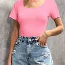 Womens T Shirt Short Sleeve Tshirt Ribbed Basic Tops Tee (Pink)