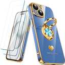 Compatible for iPhone 15 Case with 2 Pack Screen Protector, 360 Rotatable Ring Holder [Luxury Hearts Pattern] Plating Gold Edge Slim Soft Phone Cover Case for iPhone 15 - Lake Blue