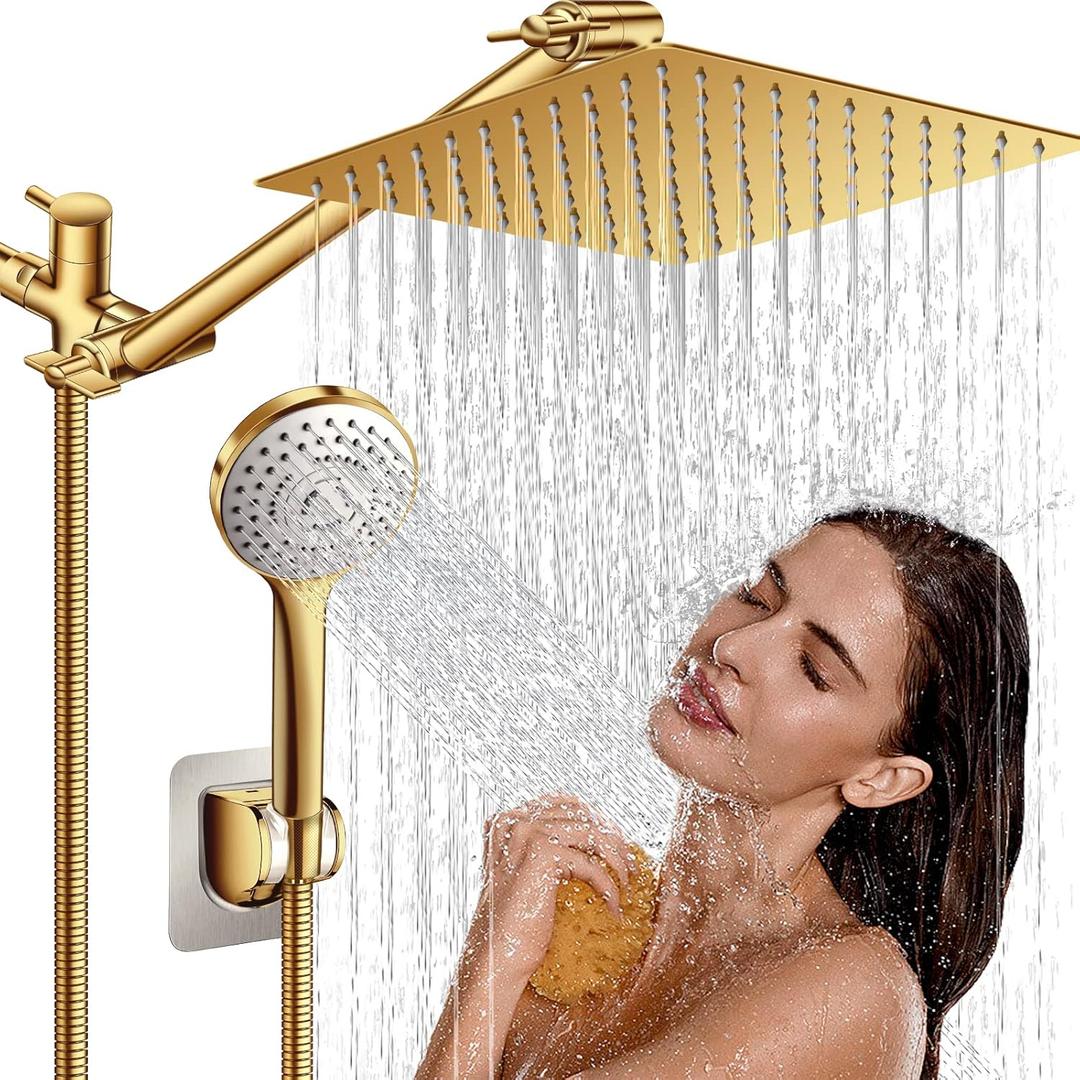 High Pressure Rainfall Shower Head/Handheld Shower Combo with 11" Adjustable Extension Arm, 5 Spray Settings Shower Heads with 60" Hose Anti-leak (Gold), 10"