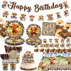 Highland Cow Birthday Decorations - Brown Cow Party Tableware, Plates Cups Napkins Pickle Party Tablecloth Happy Birthday Banner Balloons Cake Toppers for Western Farm Animals Supplie