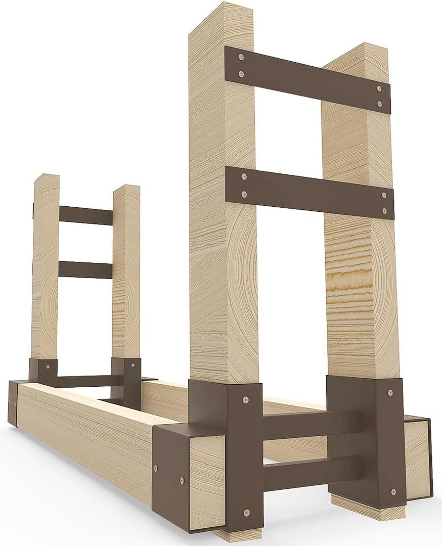 Outdoor Firewood Rack Bracket Kit with 4 Support Bars for Fire Wood Pile Storage, Heavy Duty DIY Fireplace Log Stacking Stand Holder for 2x4 lumber, Brown, 1 Pair