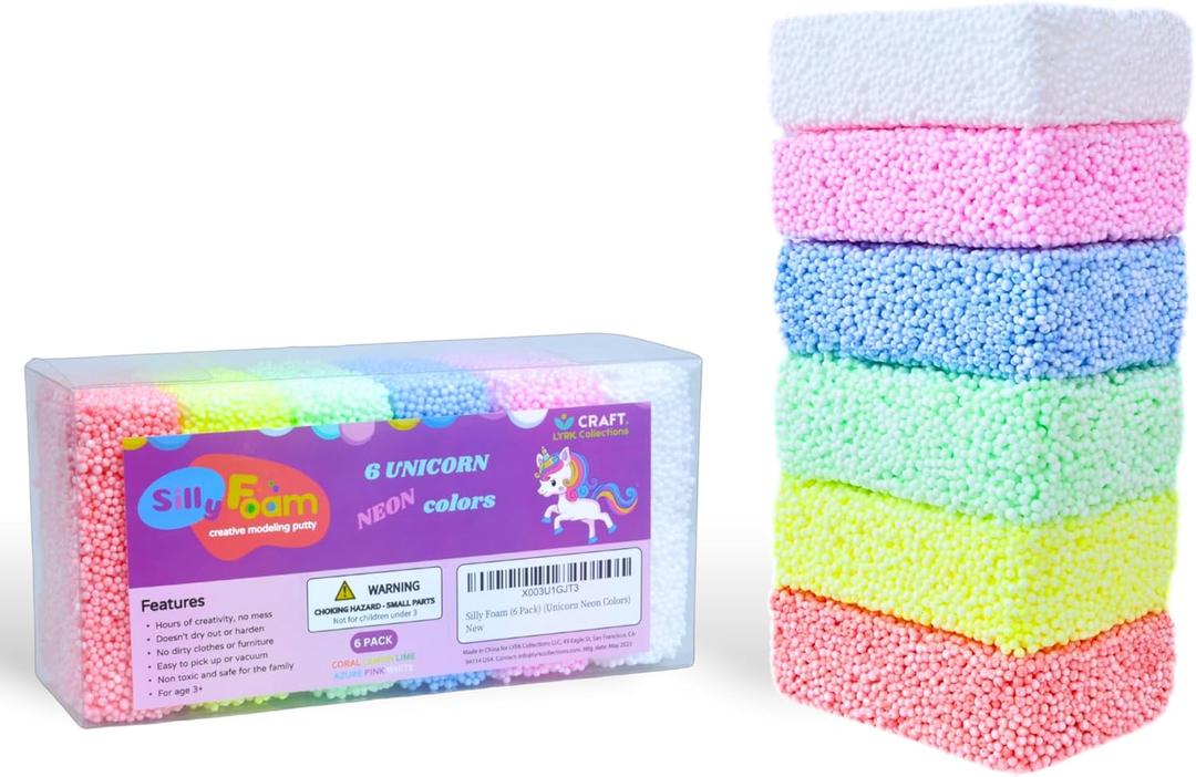 Silly Foam, Creative Modeling Foam Beads, 1-Pack of 6 Neon Pastel Color Blocks, No-Slime No-Mess, Perfect for Preschool and Kids, Arts & Crafts, Sensory Play, STEM, Travel Toy, Non-Toxic (Age 3+)