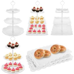 SHUESS 10 Pack White Plastic Dessert Table Stand with 2 Square X 3-Tier Cupcake Display Stands + 2 Round X 3-Tier Cookie Tray Rack Serving Tower and 6 Pcs Dessert Trays Perfect for Birthday Party