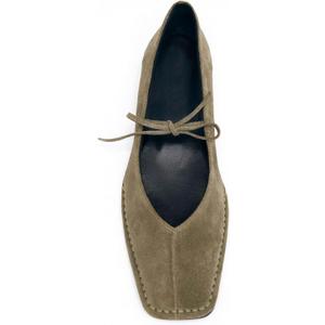 Lace Up Ballet Flats for Women Bow Square Toe Mary Jane Flats Slip On Leather Ballerina Shoes, Size 8.5