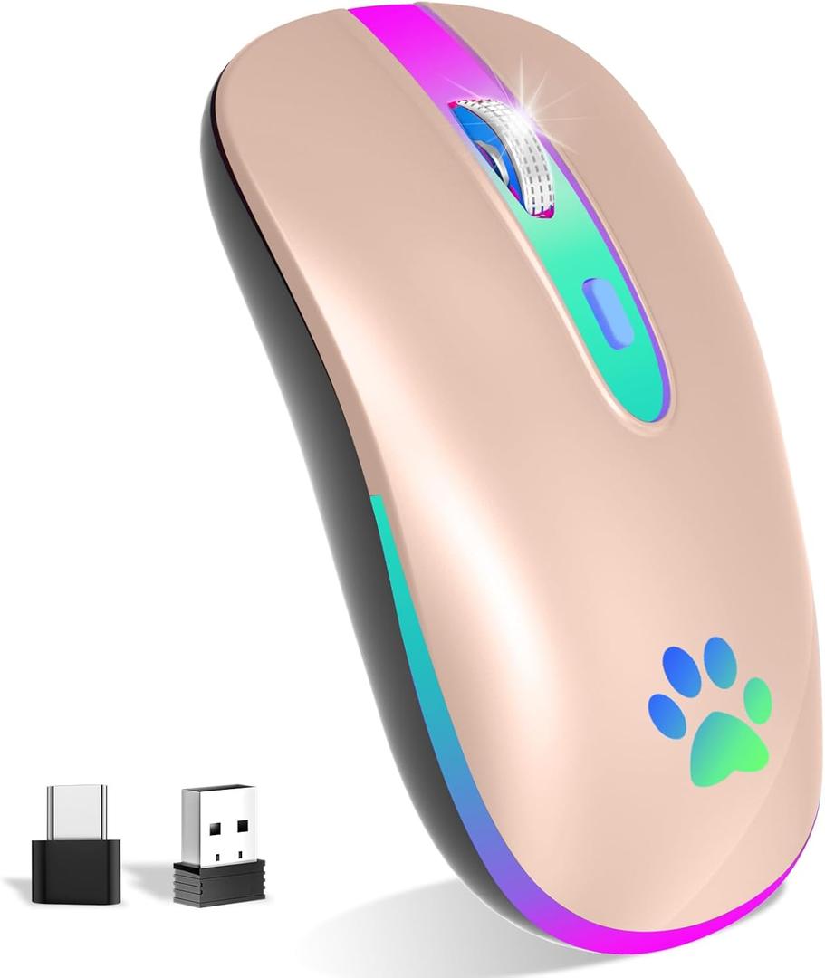 FUWANG Wireless Mouse, Rechargeable LED Wireless Bluetooth Mouse, Portable USB Optical 2.4G Bluetooth Two Mode Computer Mice with USB & Type-c Receiver for Laptop//Tablet/Computer/PC, Sakura Pink