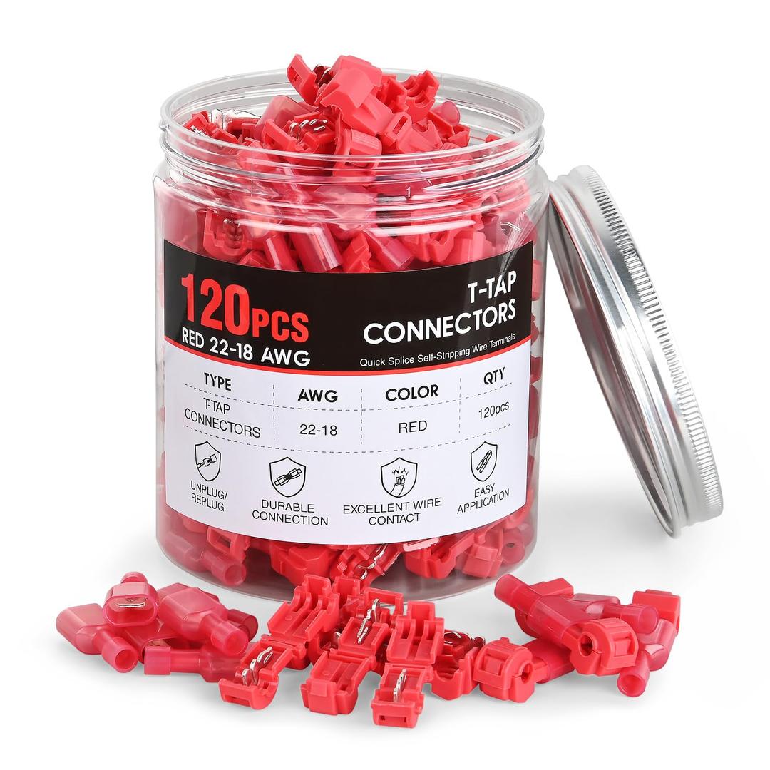 Nilight 120PCS/60 Pairs Quick Splice Disconnect Wire Terminals T-Tap Spade Connectors Red 22-16 AWG Male Female Fully Insulated Electrical Wire Crimp Self-Stripping Kit