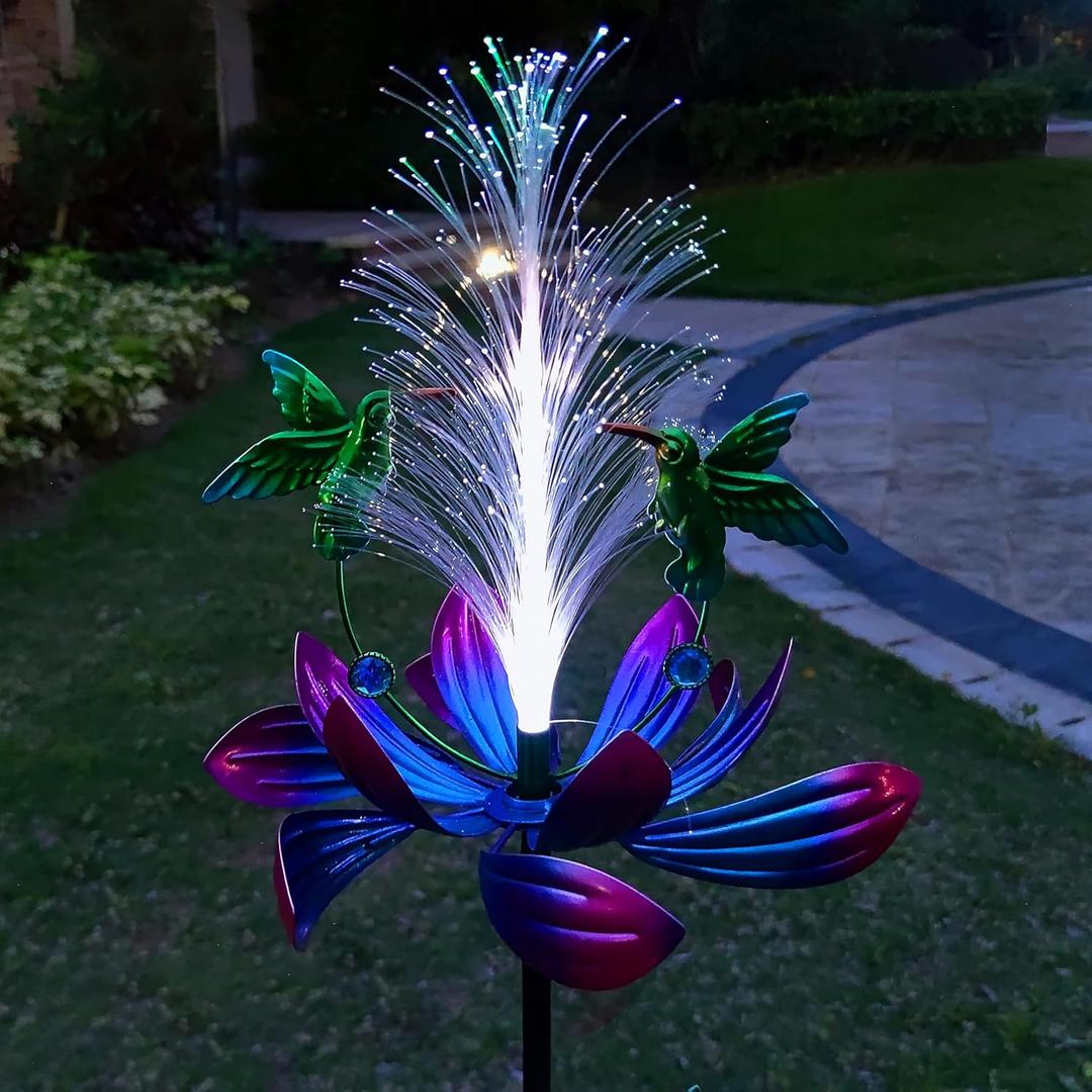 Solar Hummingbird Wind Spinners, Solar Firework Lights Garden Dcor, Metal Lotus Flower Windmill Colour Changing Optical Fiber Lights Yard Decoration, Outdoor Wind Sculpture for Lawn Patio,Balcony