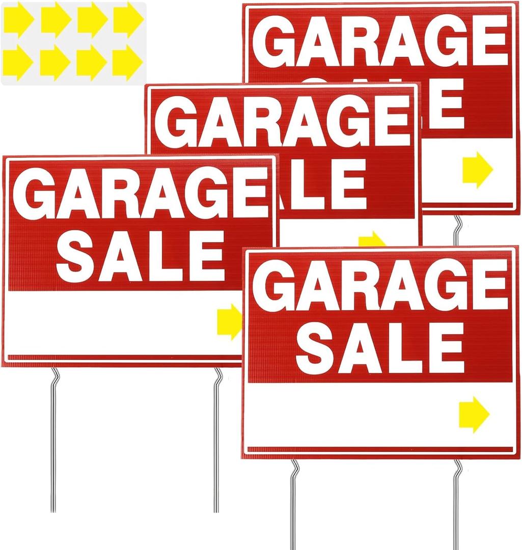 4 Packs Garage Sale Signs with Metal Stake 17" x 13" Double Sided Sign Garage Moving Signage Yard Sign, Weather-proof, Red, Corrugated Plastic