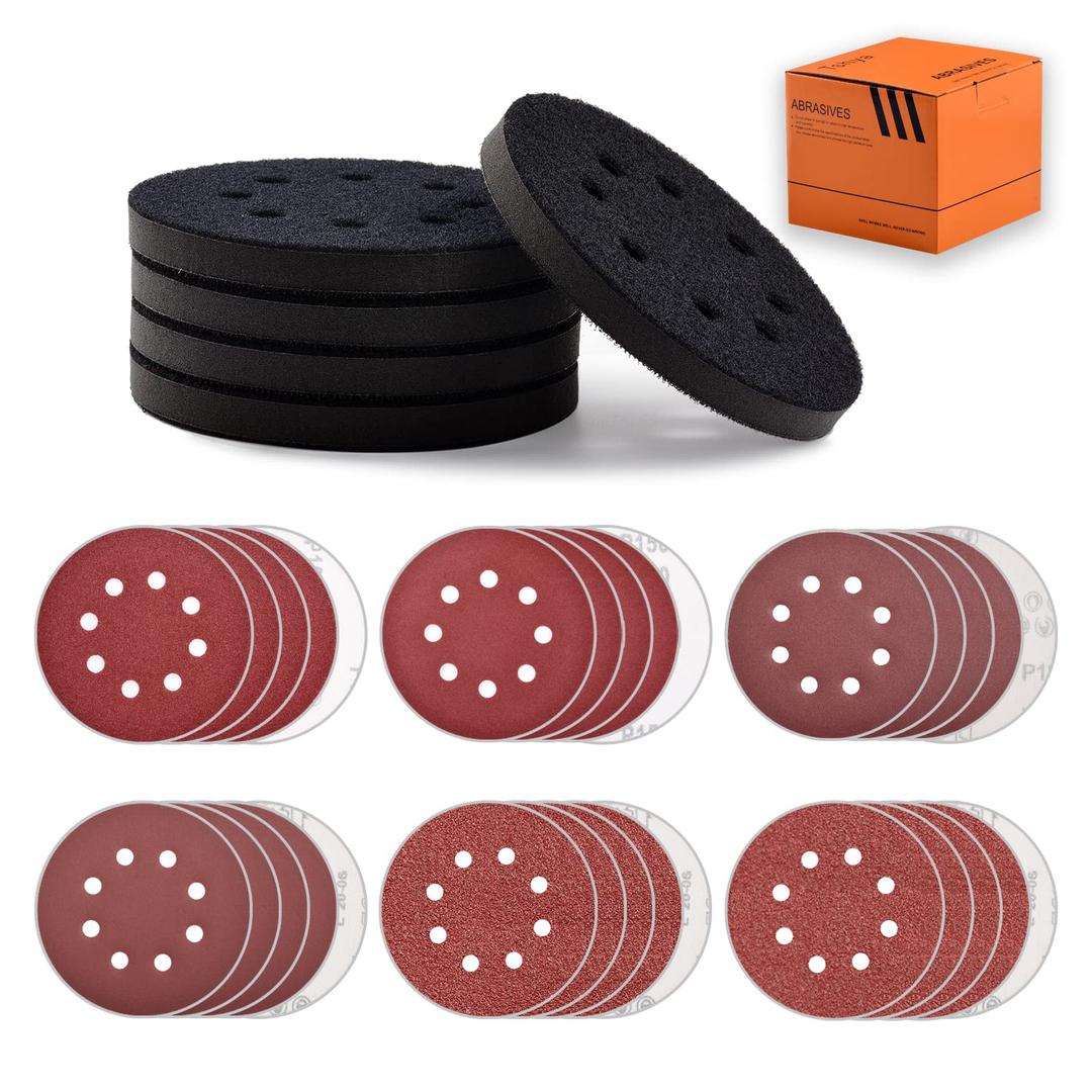 5 Pcs 5 inch 8 Holes Hook and Loop Backing Sponge Pad Soft Density Interface Pads Buffer Backing Cushion with 30 Pcs 5 inch Sanding Discs Include 100/150/180/240/320/400 Grit