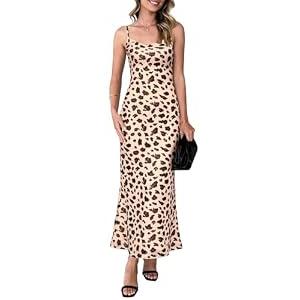 PRETTYGARDEN Womens Summer Dresses Spaghetti Strap Floral Maxi Dress Sleeveless Long Bodycon Dresses Wedding Guest Dress (Leopard Apricot, Medium)